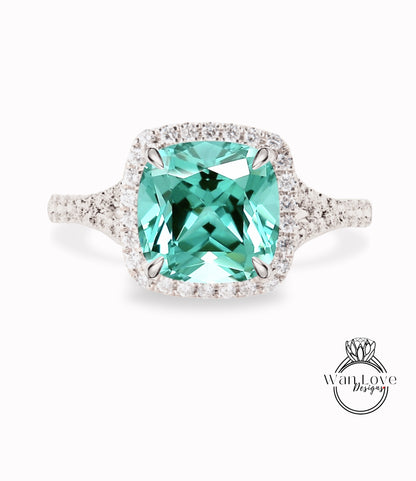 Teal Spinel & Diamond Cushion Halo Split Shank engagement ring rose gold art deco bridal wedding ring Anniversary gift