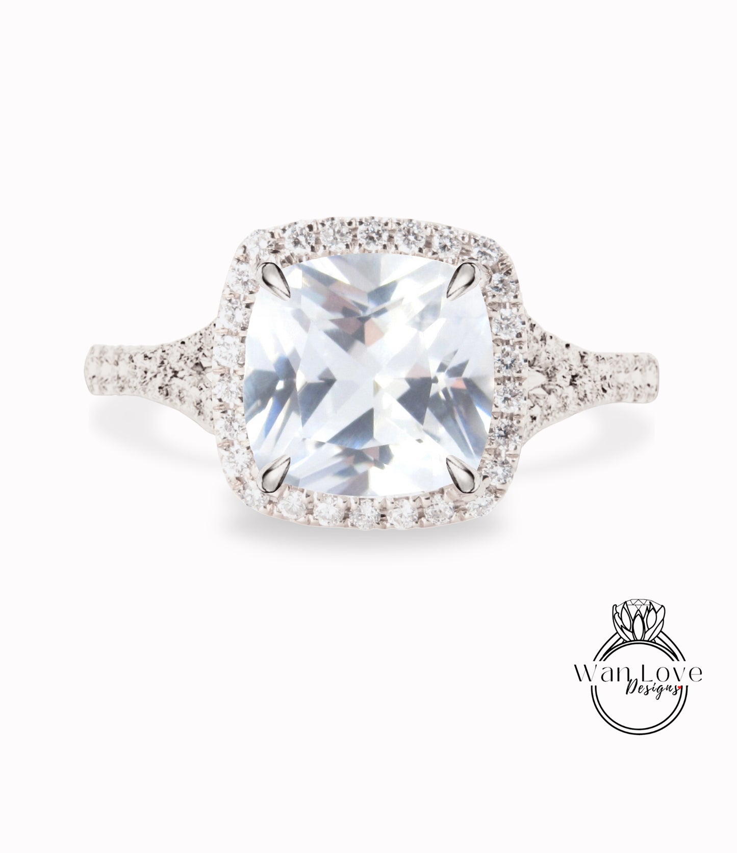 Anello di fidanzamento con zaffiro bianco, anello con alone di diamanti, cuscino in oro rosa, con diamante moissanite, anello con gambo diviso, anello art deco, anello anniversario, regalo