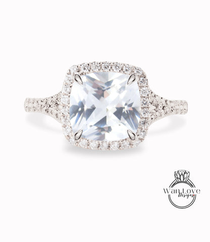 Anello di fidanzamento con zaffiro bianco, anello con alone di diamanti, cuscino in oro rosa, con diamante moissanite, anello con gambo diviso, anello art deco, anello anniversario, regalo