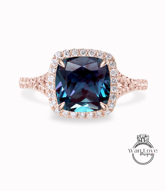 Alexandrite & Diamond Cushion Halo Split Shank engagement ring rose gold art deco bridal wedding ring Anniversary gift