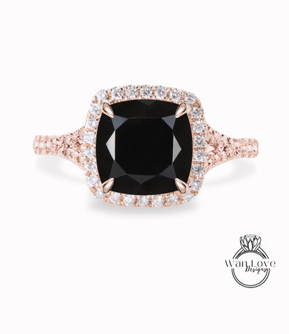 Black Spinel & Diamond Cushion Halo Split Shank engagement ring rose gold art deco bridal wedding ring Anniversary gift