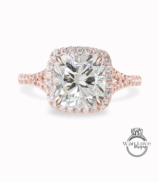 Anello di fidanzamento con diamante da laboratorio, anello con aureola, punta con taglio a cuscino, con diamante certificato, gambo diviso, anello art deco, anello anniversario, regalo