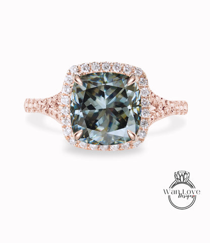 Anello di fidanzamento grigio Moissanite con diamante, anello con alone, polo in oro rosa, taglio cuscino, anello con gambo diviso, anello art deco, anello anniversario, regalo