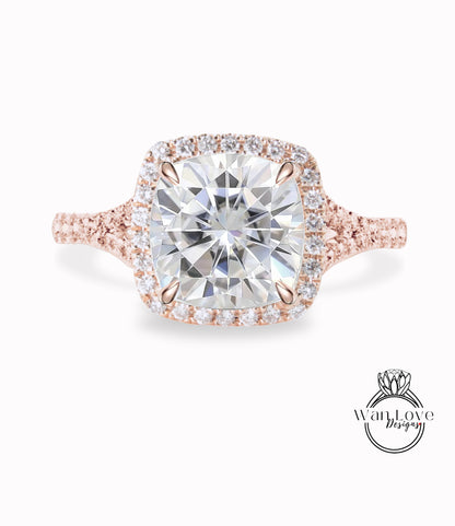 Anello di fidanzamento moissanite anello con diamante alone anello con punta cuscino taglio moissanite diamante anello con gambo diviso anello art deco anello anniversario regalo