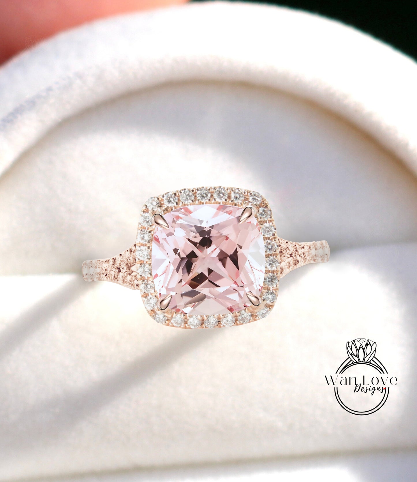 Light Pink Sapphire & Diamond Cushion Halo Split Shank engagement ring rose gold art deco bridal wedding ring Anniversary gift