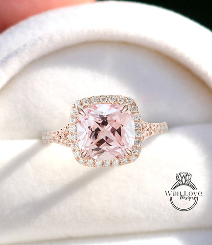Light Pink Sapphire & Diamond Cushion Halo Split Shank engagement ring rose gold art deco bridal wedding ring Anniversary gift
