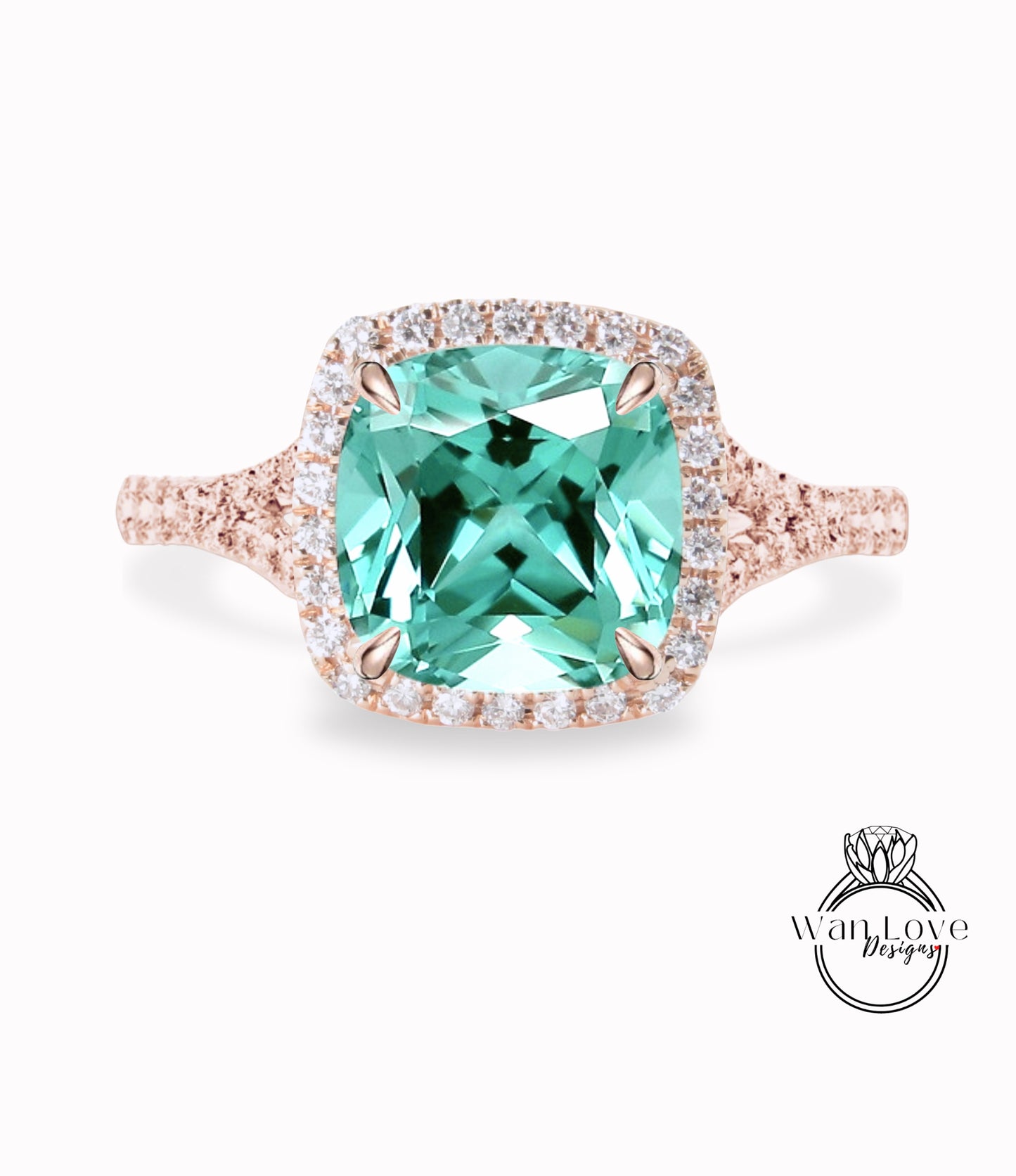 Teal Spinel & Diamond Cushion Halo Split Shank engagement ring rose gold art deco bridal wedding ring Anniversary gift