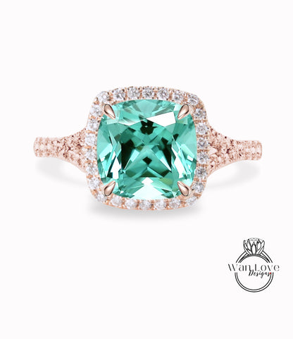 Teal Spinel & Diamond Cushion Halo Split Shank engagement ring rose gold art deco bridal wedding ring Anniversary gift
