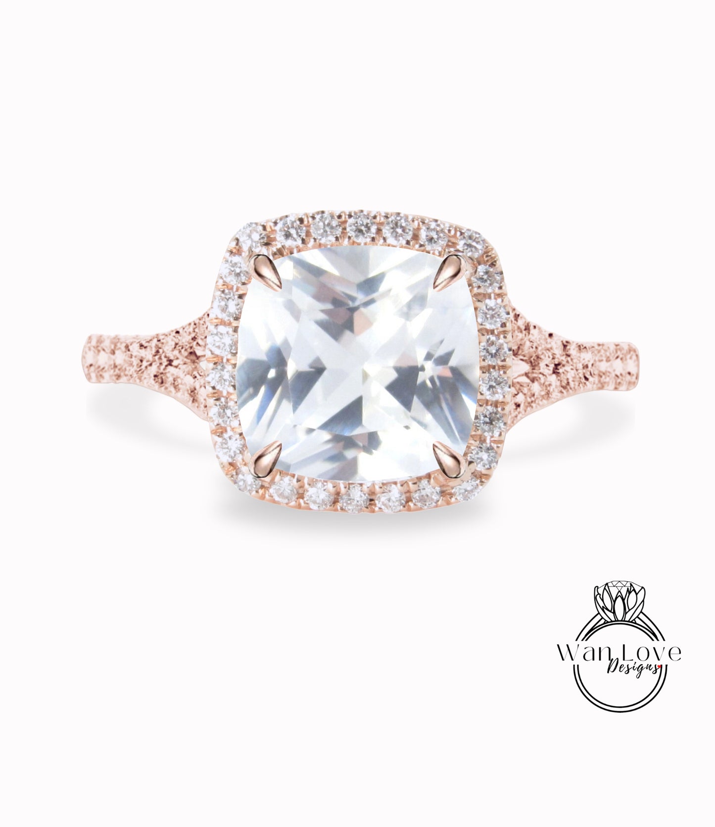 Anello di fidanzamento con zaffiro bianco, anello con alone di diamanti, cuscino in oro rosa, con diamante moissanite, anello con gambo diviso, anello art deco, anello anniversario, regalo