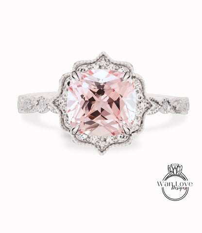 Light Pink Sapphire & Diamond Cushion Halo scalloped milgrain leaf Engagement ring rose gold Vintage bridal ring antique wedding ring Anniversary Gift