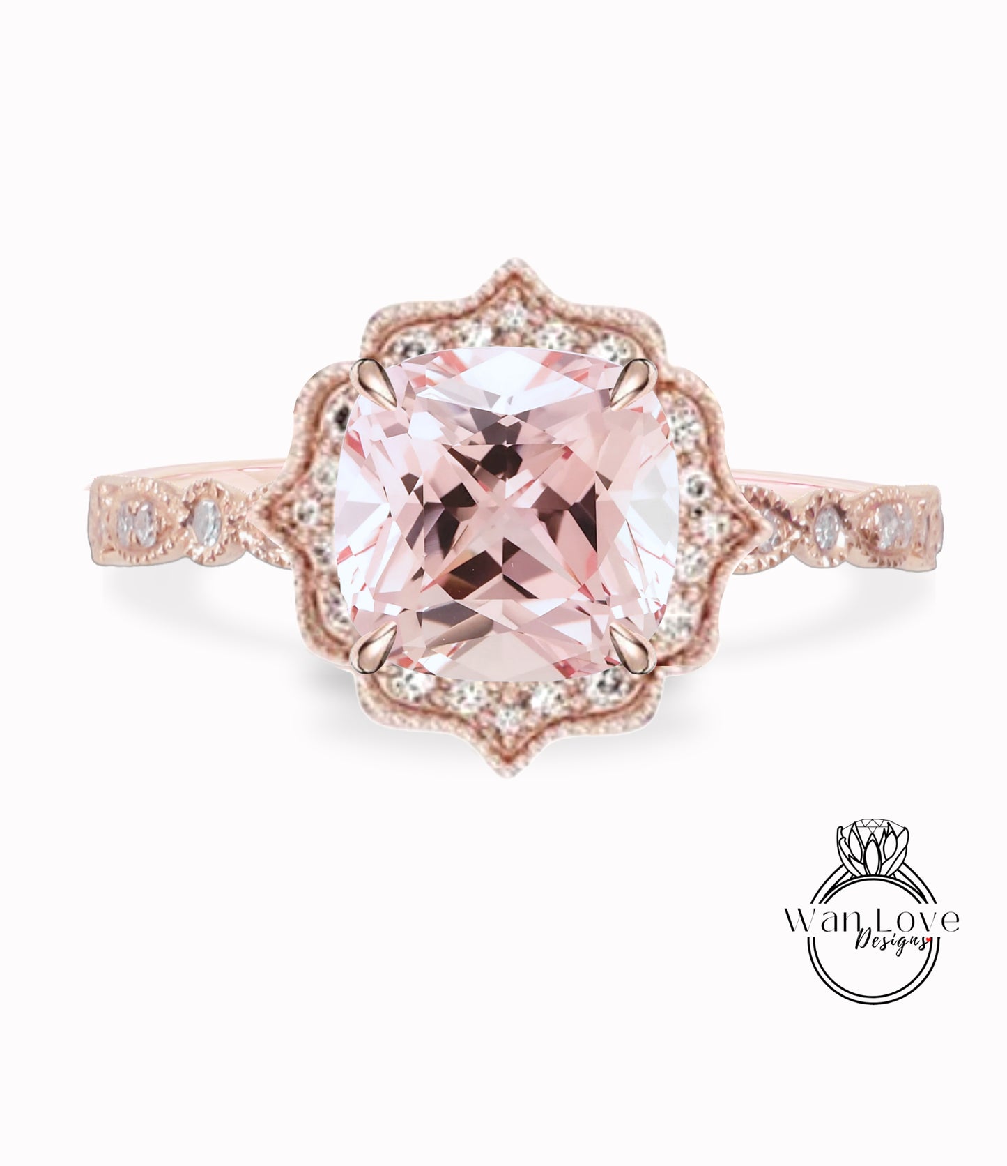 Light Pink Sapphire & Diamond Cushion Halo scalloped milgrain leaf Engagement ring rose gold Vintage bridal ring antique wedding ring Anniversary Gift