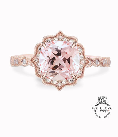 Light Pink Sapphire & Diamond Cushion Halo scalloped milgrain leaf Engagement ring rose gold Vintage bridal ring antique wedding ring Anniversary Gift