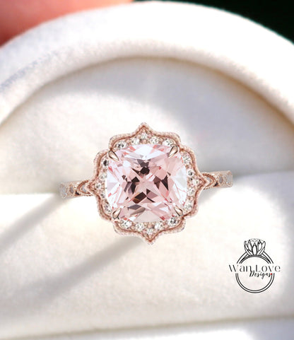 Light Pink Sapphire & Diamond Cushion Halo scalloped milgrain leaf Engagement ring rose gold Vintage bridal ring antique wedding ring Anniversary Gift