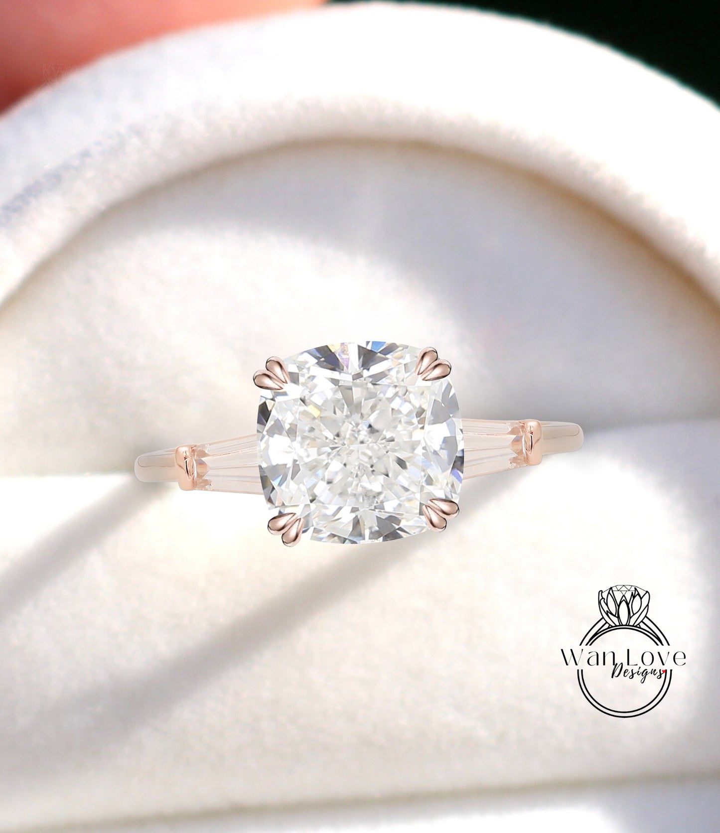 Cushion Shaped Lab Diamond Bridal Ring, Diamond Baguette Ring, Diamond Tapered Baguette Cushion Ring, Moissanite Cushion Engagement Ring