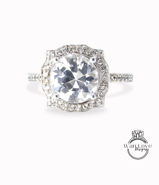 Anello di fidanzamento con cornice anticata in zaffiro bianco, anello di fidanzamento con cestino, anello rotondo vintage, 2 ct, 8 mm, argento rodiato, anniversario, pronto per la spedizione