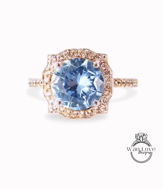 Aquamarine Blue Spinel & Diamond Antique Bezel Frame Engagement Ring Art Deco Geometric Halo Vintage Round 14k 18k White Yellow Rose Gold Bridal Proposal Wedding ring Anniversary Gift