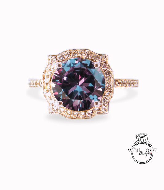 Purple Sapphire Alexandrite Color & Diamond Antique Bezel Frame Engagement Ring Art Deco Geometric Halo Vintage Round 14k 18k White Yellow Rose Gold Bridal Proposal Wedding ring Anniversary Gift