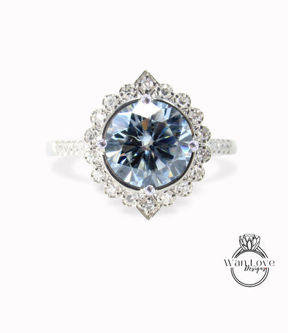 Anello di fidanzamento con diamanti Moissanite geometrico Halo grigio Anello di fidanzamento rotondo Anello Milgrain vintage antico alone moissanite anello nuziale regalo