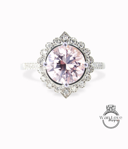 Anello di fidanzamento geometrico Halo con zaffiro rosa chiaro e diamanti, rotondo, personalizzato, 14k, 18k, bianco, giallo, oro rosa, platino, matrimonio, anniversario