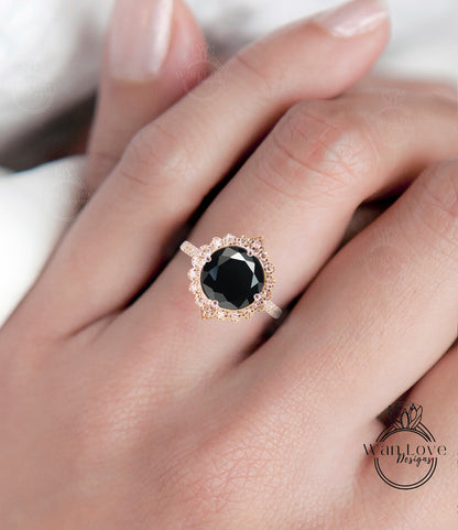 Anello di fidanzamento Halo geometrico con spinello nero e diamanti, rotondo, personalizzato, 14k 18k bianco giallo oro rosa-matrimonio in platino, regalo di anniversario