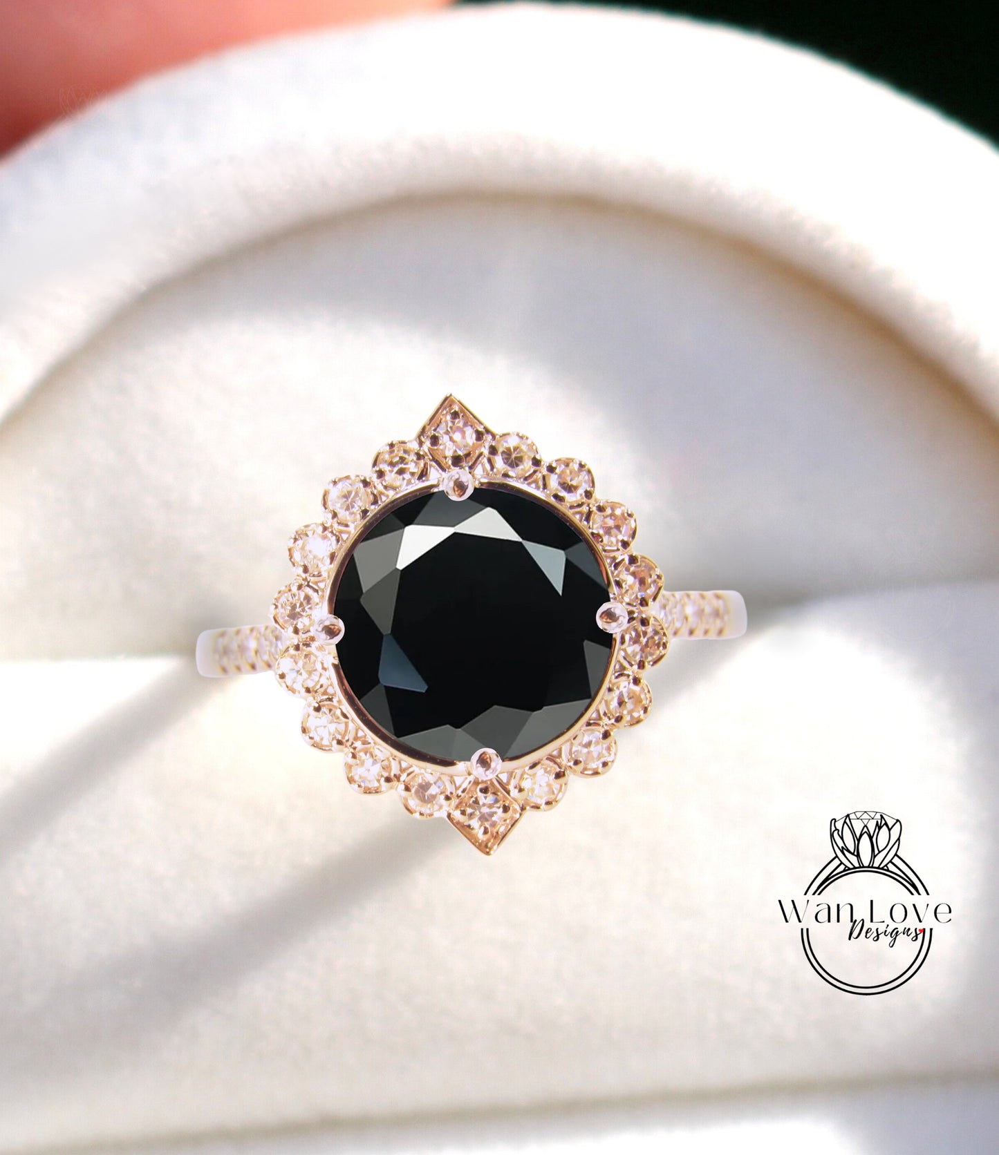 Anello di fidanzamento Halo geometrico con spinello nero e diamanti, rotondo, personalizzato, 14k 18k bianco giallo oro rosa-matrimonio in platino, regalo di anniversario