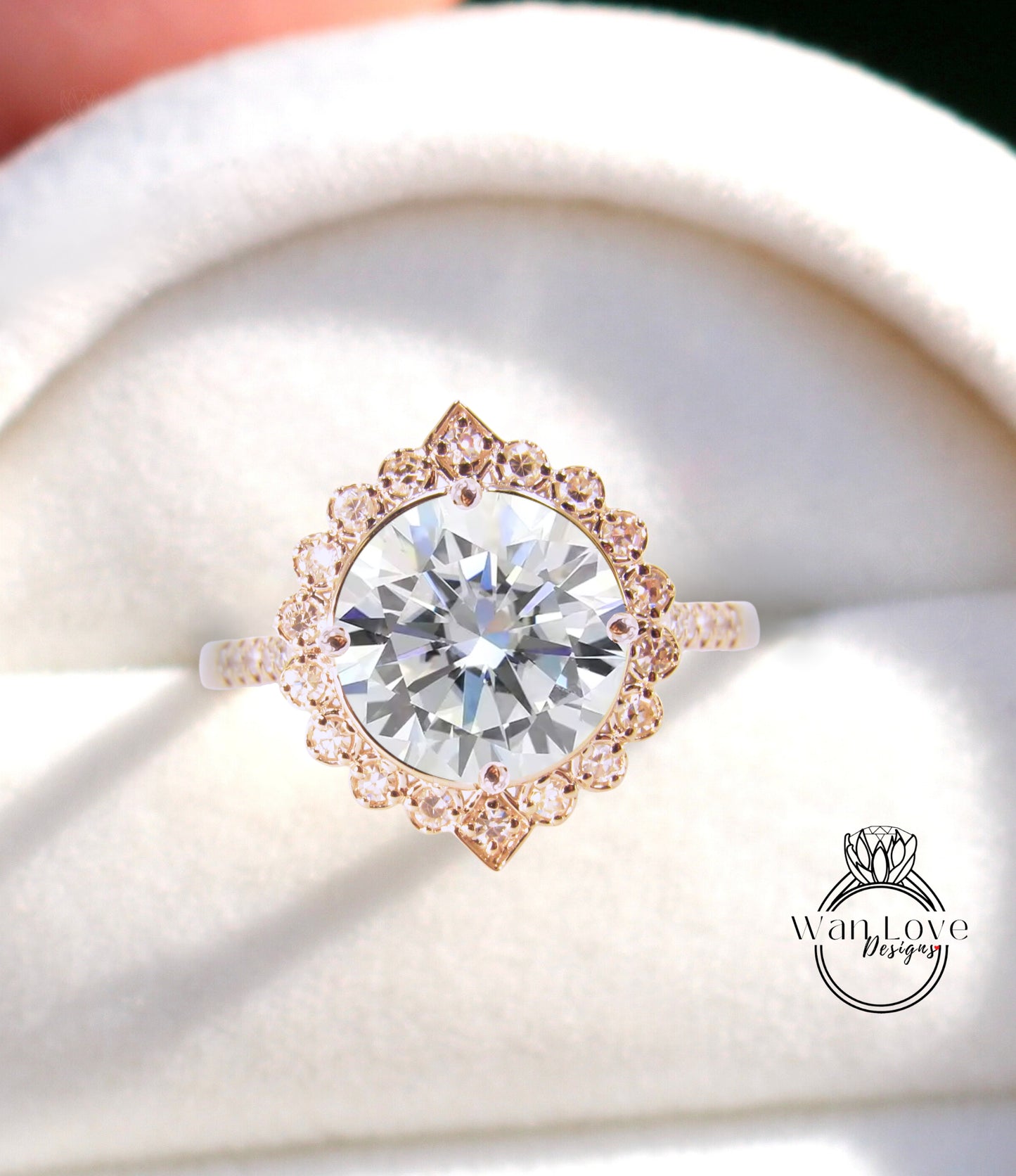 Anello di fidanzamento con diamante IGI a taglio rotondo Anello di fidanzamento con alone vintage Art Déco in oro bianco unico per donna Anello nuziale da sposa Regalo di anniversario