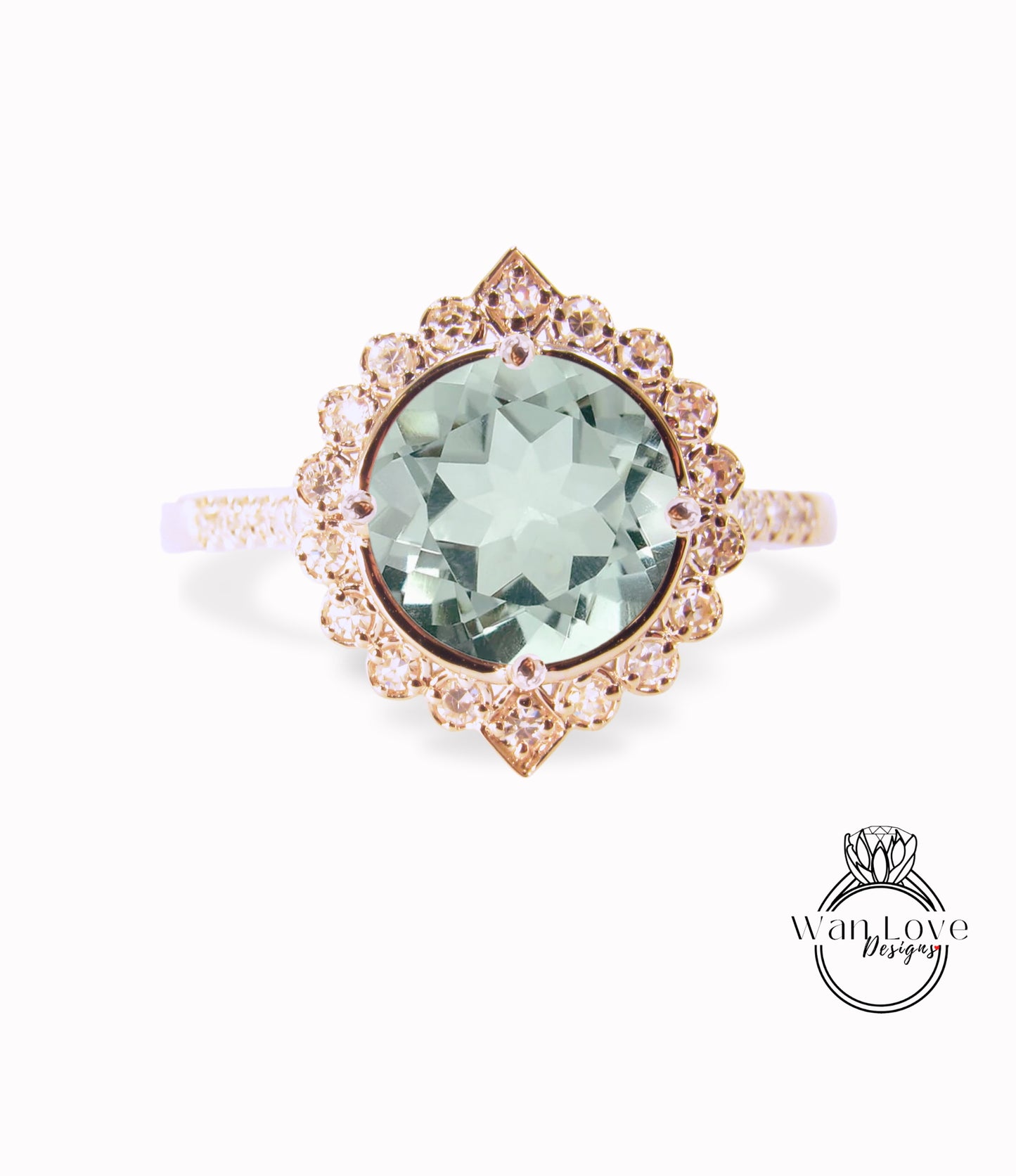 Prasiolite Anello di fidanzamento con ametista verde e diamante geometrico Halo rotondo 14k 18k bianco giallo oro rosa-platino-anniversario di matrimonio personalizzato