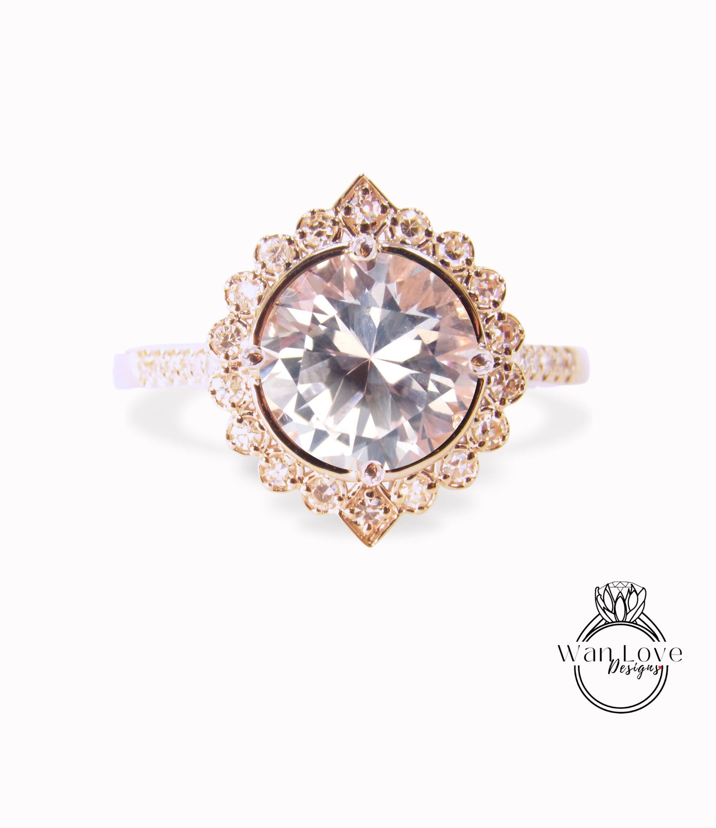 Peach Sapphire & Diamonds Geometric Halo Round Engagement Ring, Custom,14k 18k White Yellow Rose Gold-Platinum-Wedding,Anniversary Gift