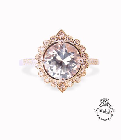 Peach Sapphire & Diamonds Geometric Halo Round Engagement Ring, Custom,14k 18k White Yellow Rose Gold-Platinum-Wedding,Anniversary Gift