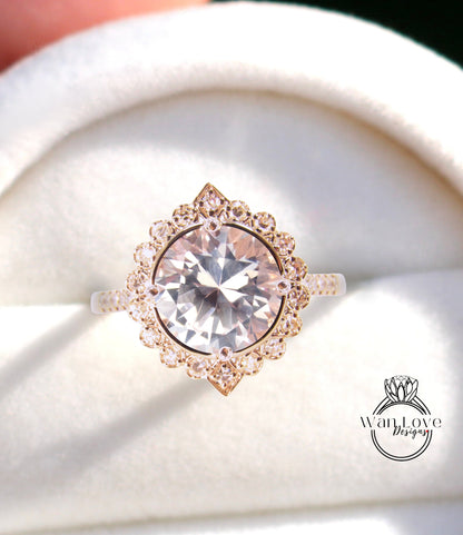 Peach Sapphire & Diamonds Geometric Halo Round Engagement Ring, Custom,14k 18k White Yellow Rose Gold-Platinum-Wedding,Anniversary Gift