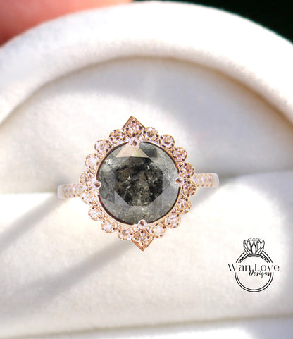 Anello di fidanzamento Halo geometrico con diamante sale pepe, rotondo, personalizzato, 14k 18k bianco giallo oro rosa-platino-matrimonio, regalo di anniversario