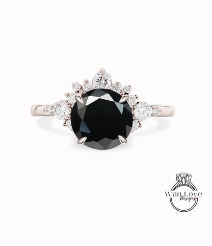 Black Spinel Cluster Half Halo engagement ring Diamonds Unique cluster White Rose Gold Ring woman Promise Anniversary Gift