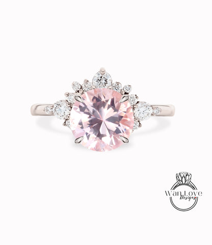 Anello di fidanzamento Half Halo con grappolo di zaffiri color pesca Diamanti Cluster unico Anello in oro rosa bianco Promessa da donna Regalo di anniversario