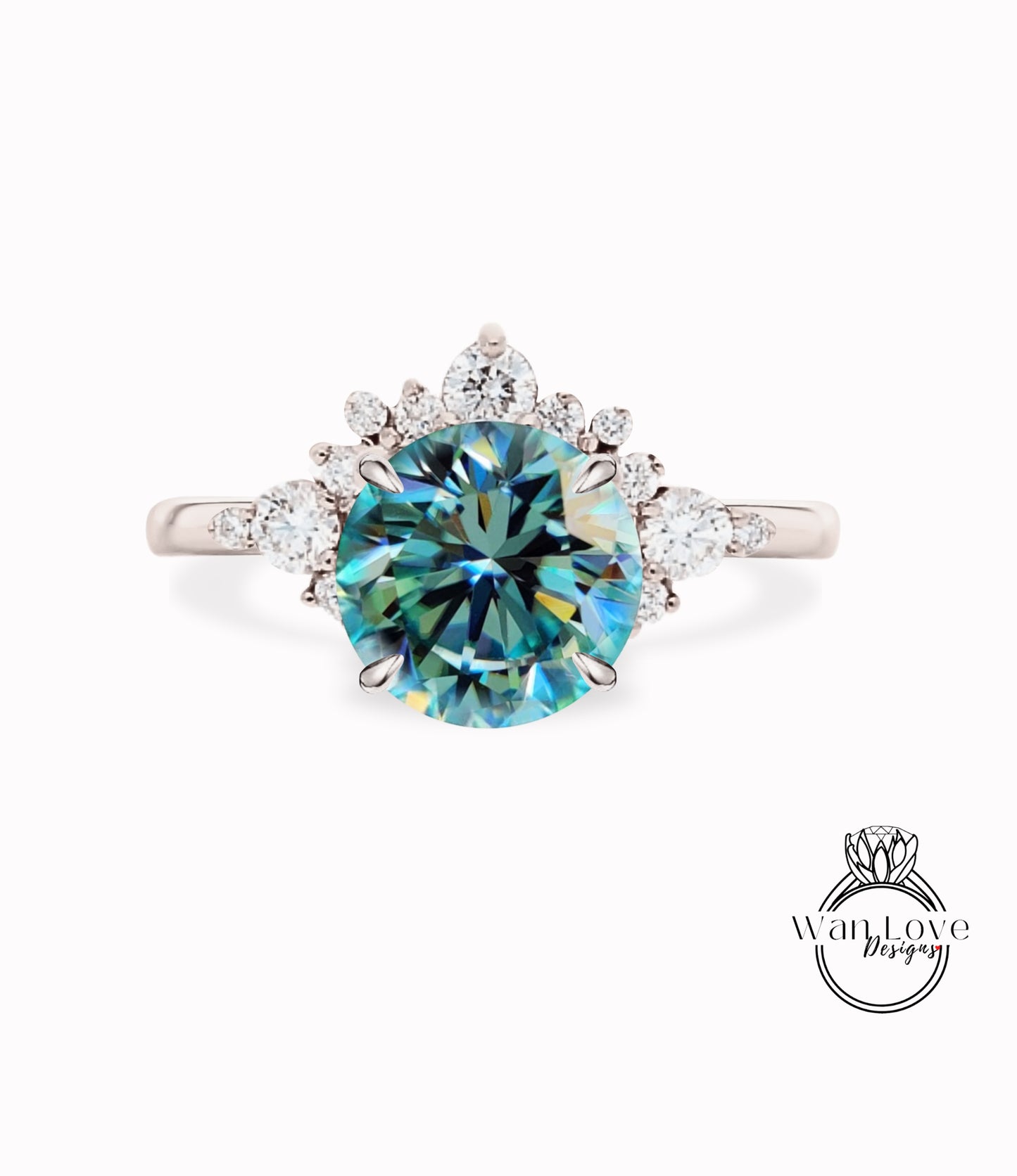 Blue Green Teal Moissanite Cluster Half Halo engagement ring Diamonds Unique cluster round cut White Rose Gold Ring woman Promise Anniversary Gift