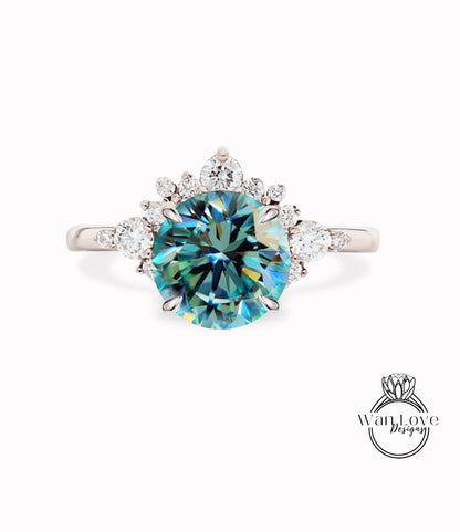 Blue Green Teal Moissanite Cluster Half Halo engagement ring Diamonds Unique cluster round cut White Rose Gold Ring woman Promise Anniversary Gift