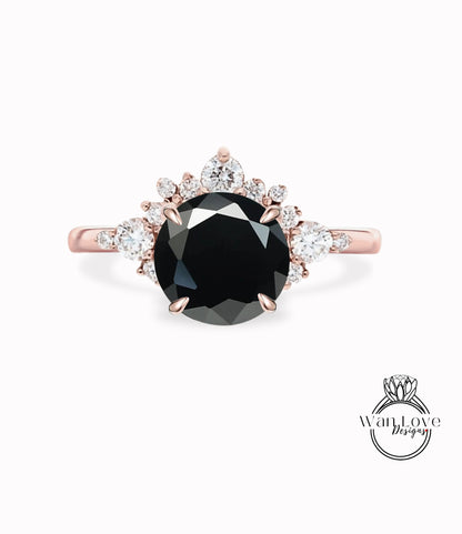 Black Spinel Cluster Half Halo engagement ring Diamonds Unique cluster White Rose Gold Ring woman Promise Anniversary Gift