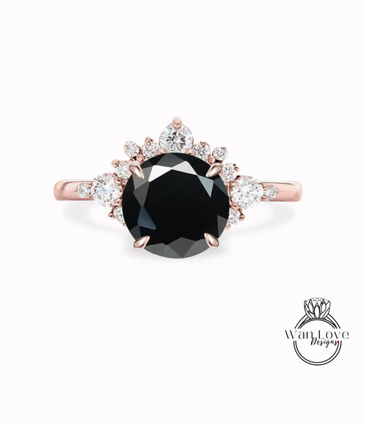 Black Spinel Cluster Half Halo engagement ring Diamonds Unique cluster White Rose Gold Ring woman Promise Anniversary Gift