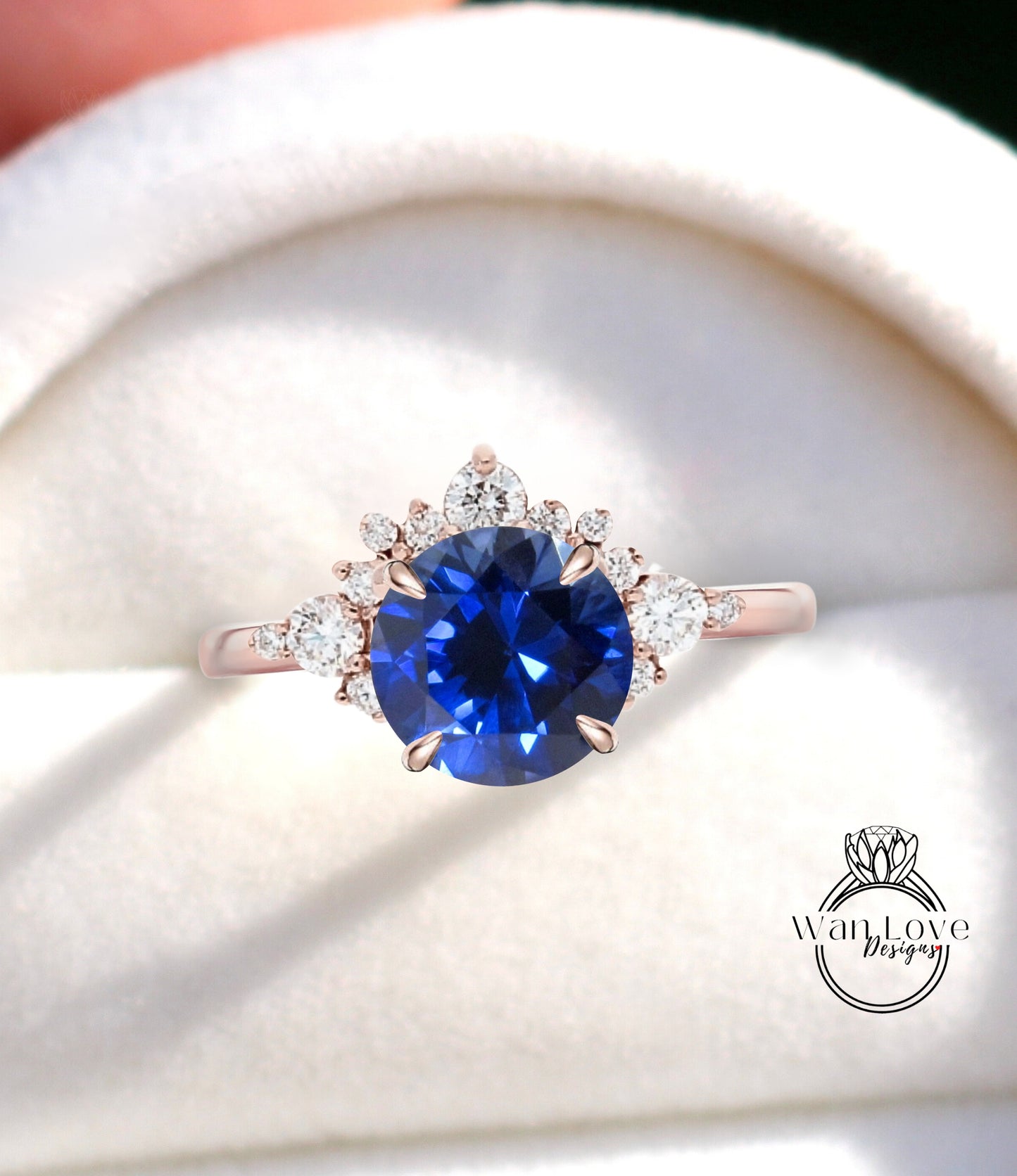 Blue Sapphire Cluster Half Halo engagement ring Diamonds Unique cluster White Rose Gold Ring woman Promise Anniversary Gift