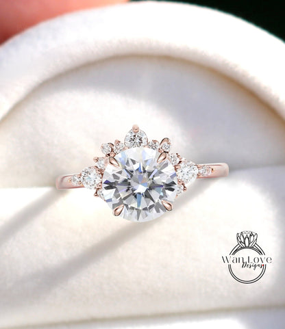 Moissanite Cluster Half Halo engagement ring Diamonds Unique cluster round cut White Rose Gold Ring woman Promise Anniversary Gift