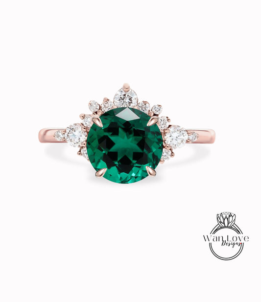 Emerald Cluster Half Halo engagement ring Diamonds Unique cluster White Rose Gold Ring woman Promise Anniversary Gift