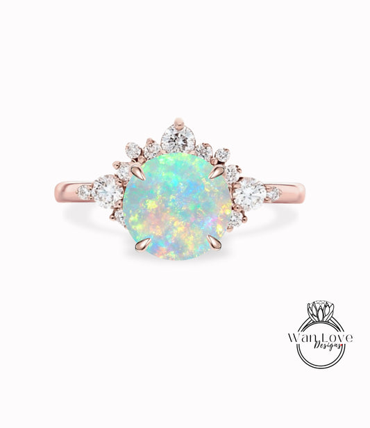 Opal Cluster Half Halo engagement ring Diamonds Unique cluster White Rose Gold Ring woman Promise Anniversary Gift