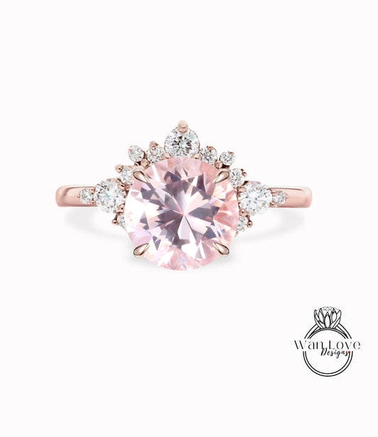 Peach Sapphire Cluster Half Halo engagement ring Diamonds Unique cluster White Rose Gold Ring woman Promise Anniversary Gift