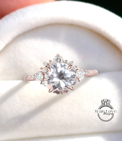 Anello di fidanzamento Half Halo con grappolo di zaffiri color pesca Diamanti Cluster unico Anello in oro rosa bianco Promessa da donna Regalo di anniversario