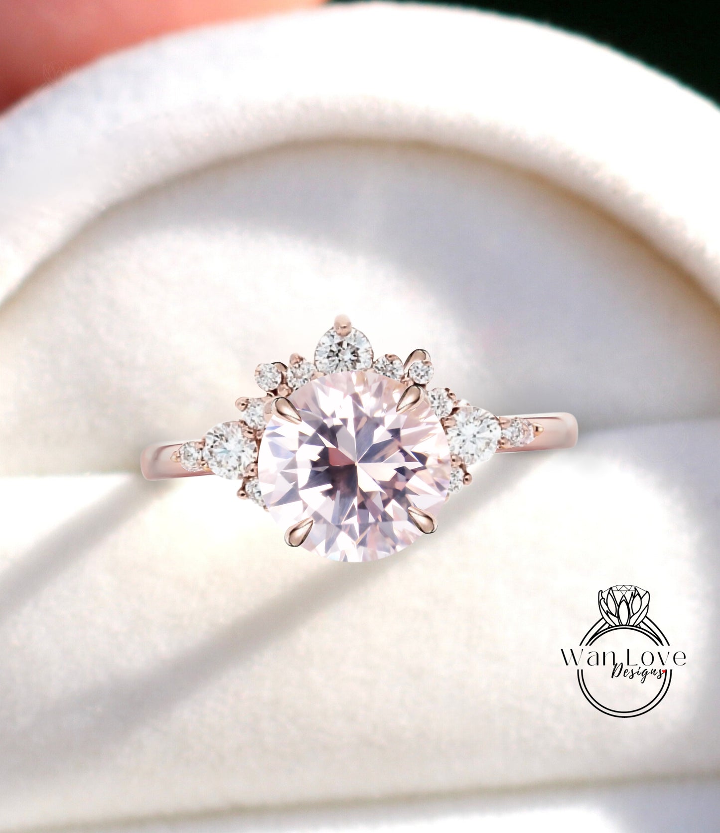 Light Pink Sapphire Cluster Half Halo engagement ring Diamonds Unique cluster White Rose Gold Ring woman Promise Anniversary Gift