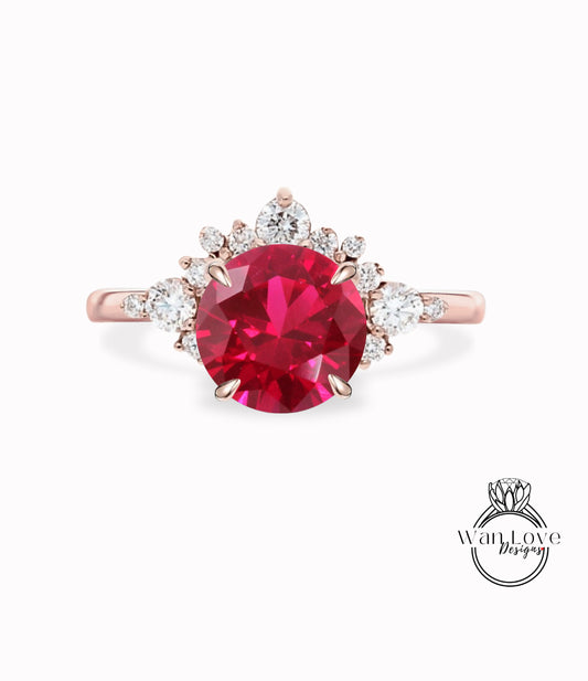 Ruby Cluster Half Halo engagement ring Diamonds Unique cluster White Rose Gold Ring woman Promise Anniversary Gift