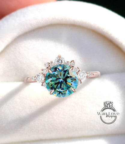 Blue Green Teal Moissanite Cluster Half Halo engagement ring Diamonds Unique cluster round cut White Rose Gold Ring woman Promise Anniversary Gift