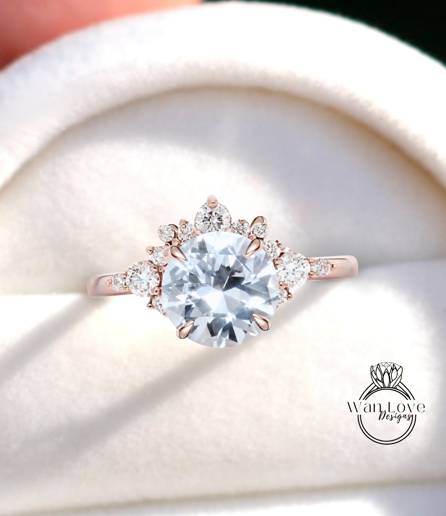 White Sapphire Cluster Half Halo engagement ring Diamonds Unique cluster White Rose Gold Ring woman Promise Anniversary Gift