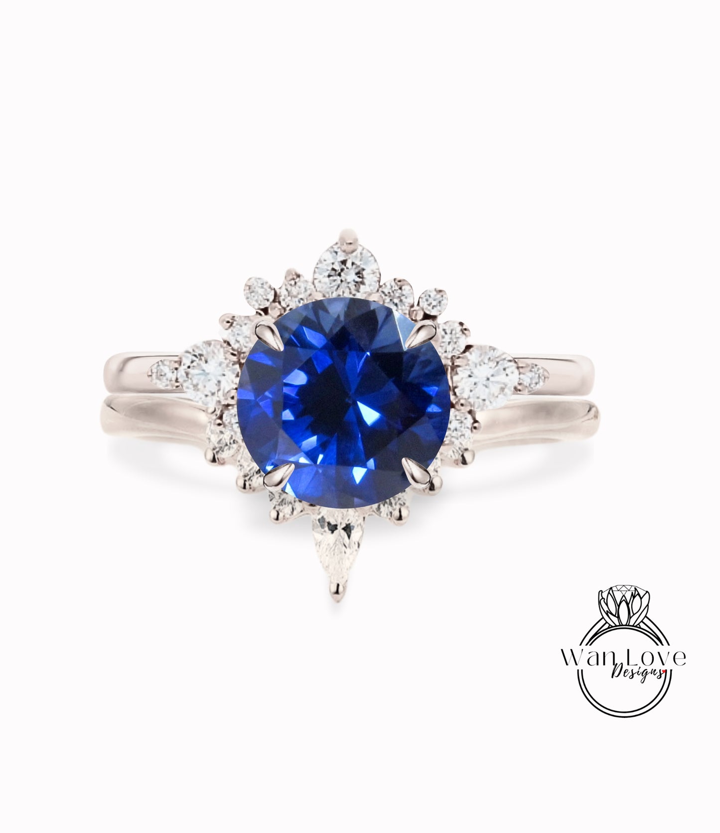 Anello di fidanzamento con zaffiro blu in oro bianco con diamanti Anello di fidanzamento rotondo unico a grappolo da donna vintage regalo per anniversario di matrimonio a forma di pera