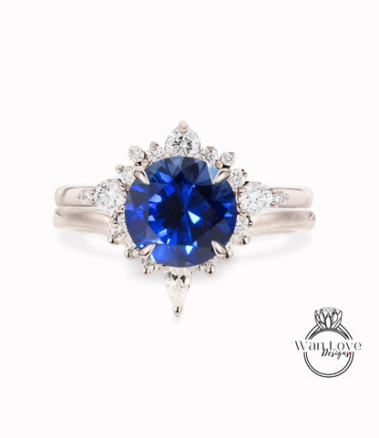 Blue Sapphire engagement ring set white gold Diamond Unique Round Cluster engagement ring women vintage Pear shaped wedding Anniversary gift