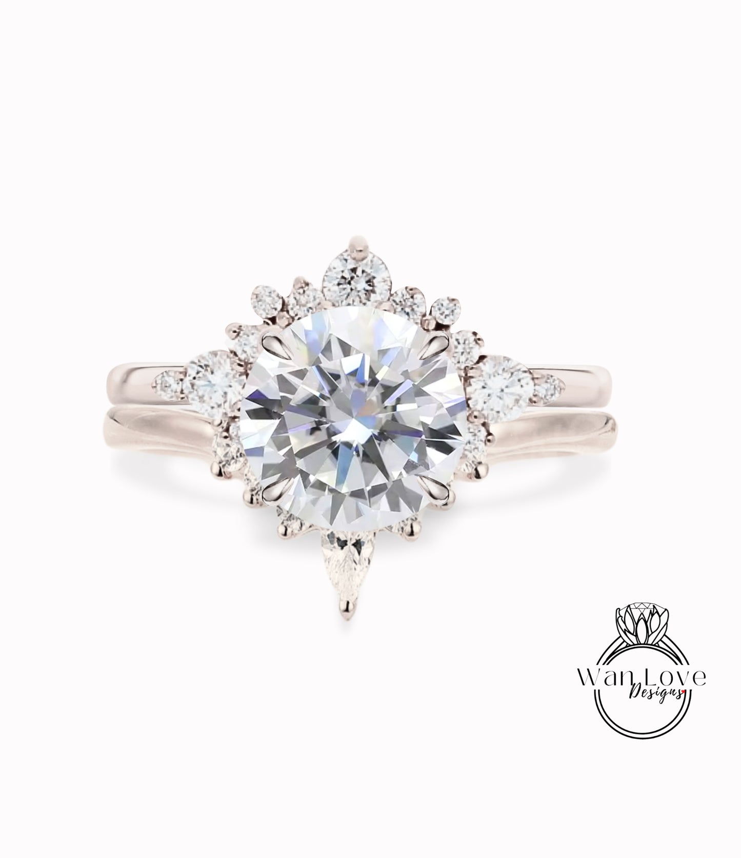 Anello di fidanzamento Moissanite con set in oro bianco Anello di fidanzamento a grappolo rotondo unico da donna vintage Regalo di anniversario di matrimonio a forma di pera